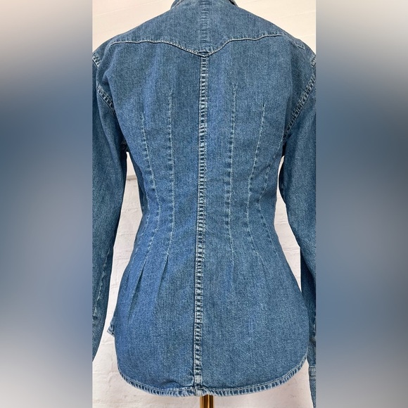 Replay Fitted Denim Pearl Snap Shirt Medium Wash Coastal Cowgirl Western Shacket - Picture 8 of 15